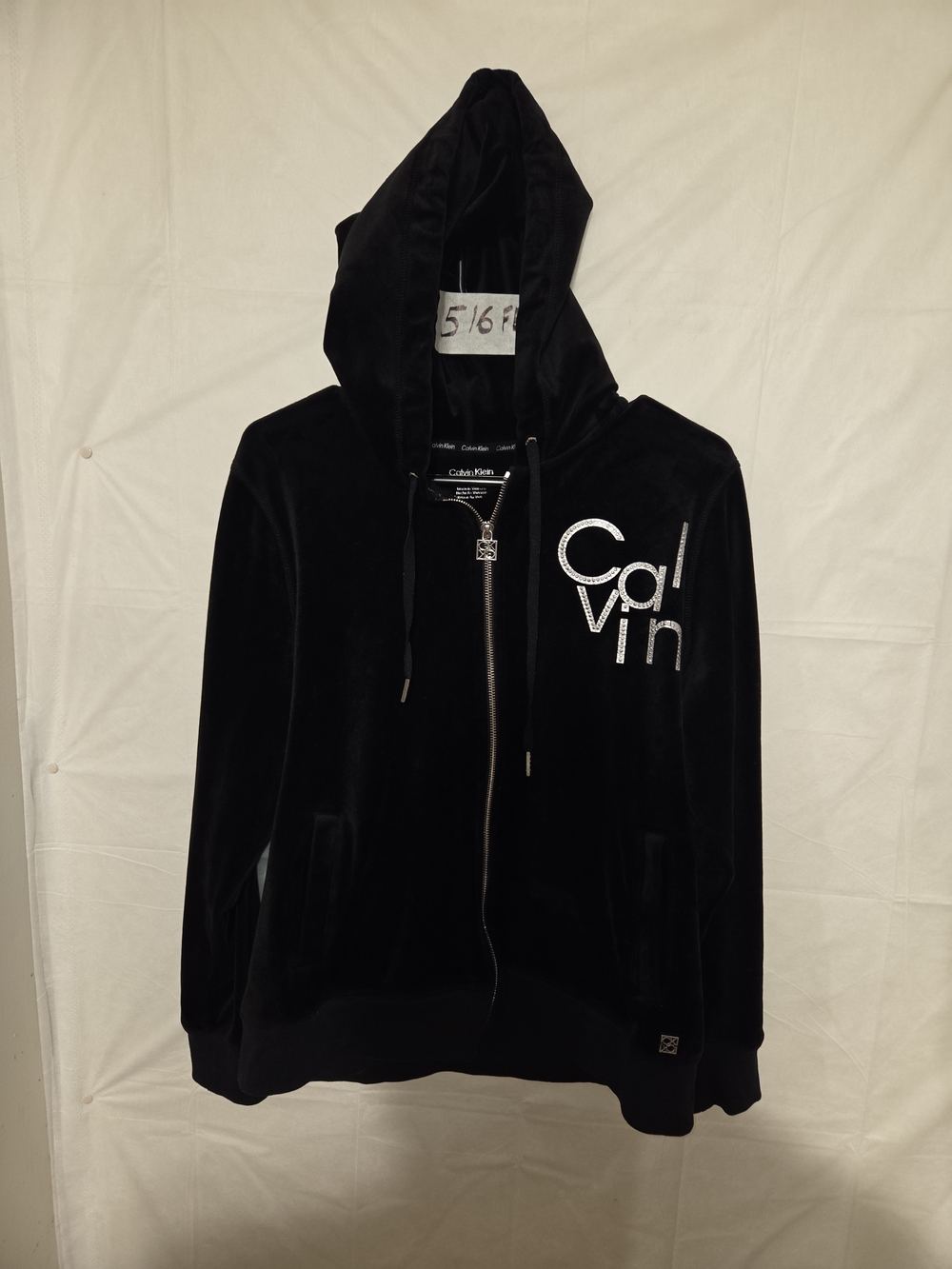 Calvin Klein Black Velour Zip-Up Hoodie with Logo